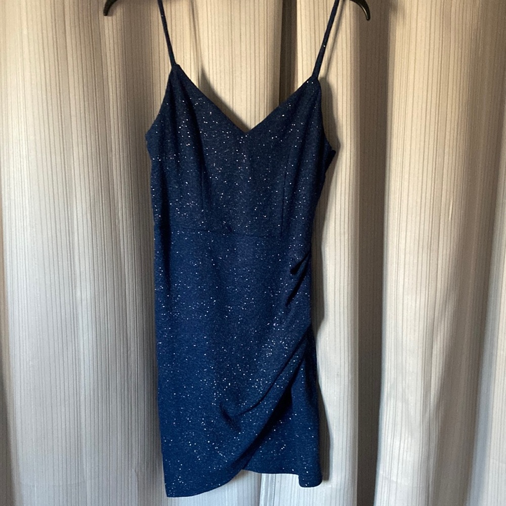 Sparkly blue mini dress with side ruffle
